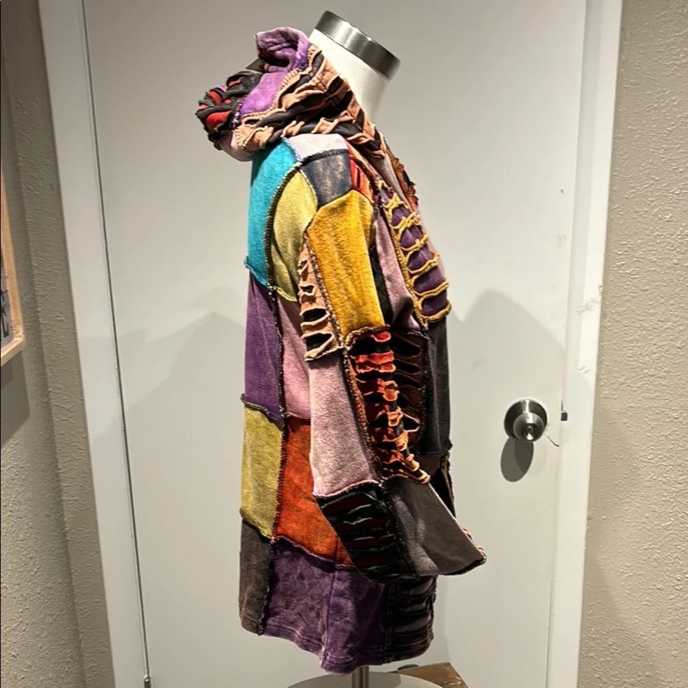 Vibrant Patchwork Hooded Jacket with Purple and Orange Accents - Picture 2 of 9